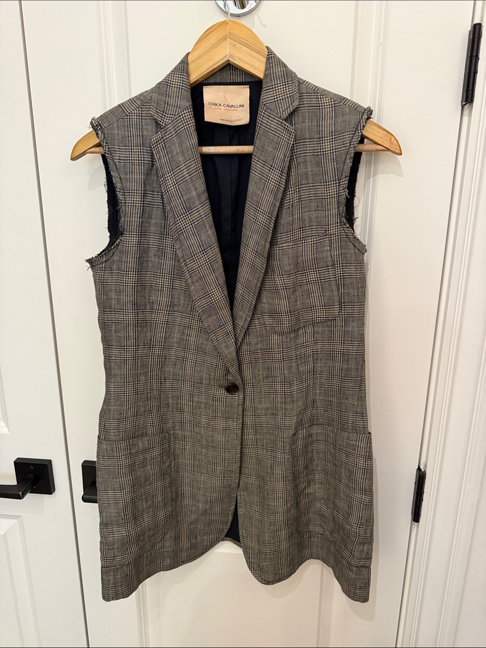 Erika Cavallini Semi-Couture Gray Plaid Padded Shoulder Vest with front pockets.